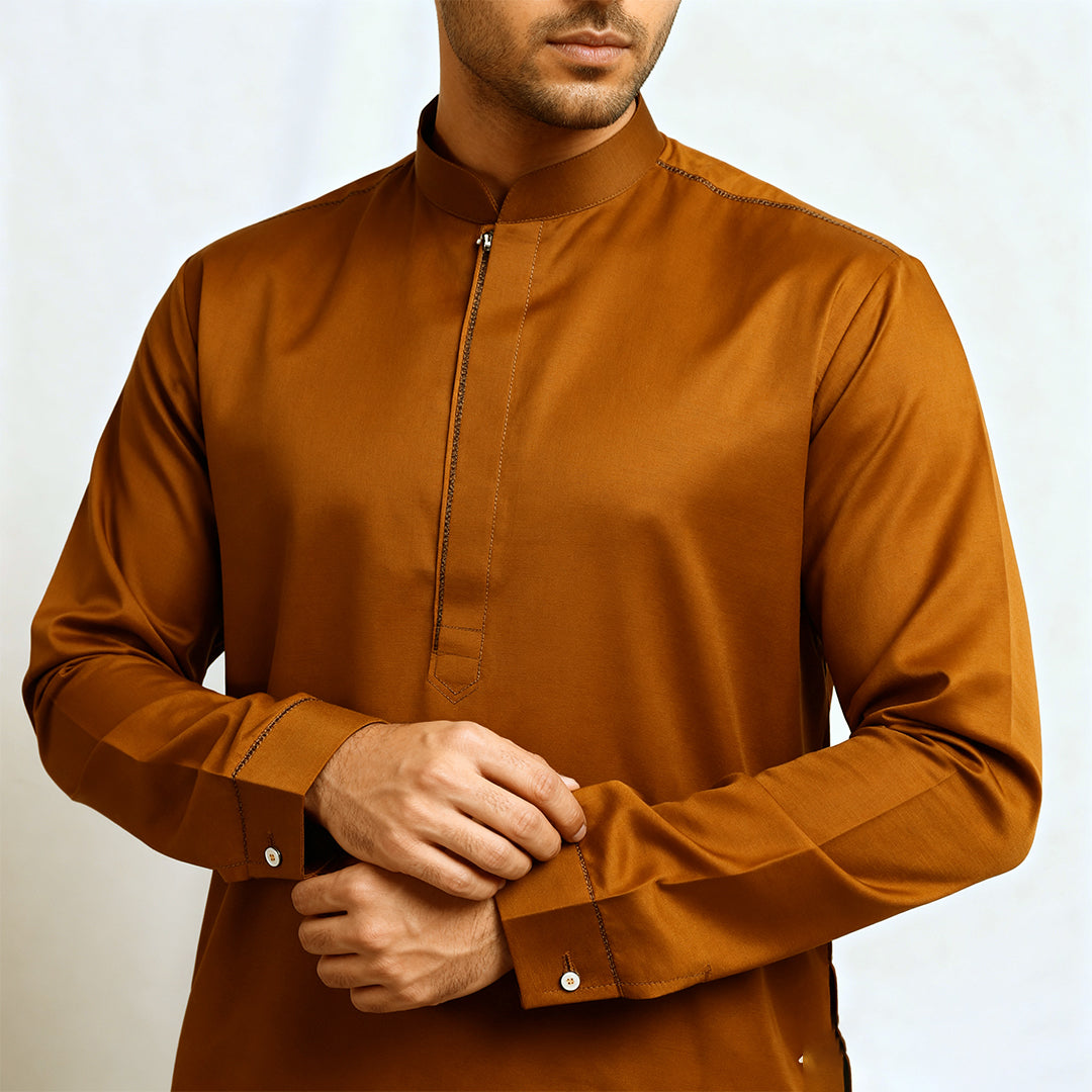 Premium Unstitched Winter Men's Suit – Wash & Wear (Dark Mustard)